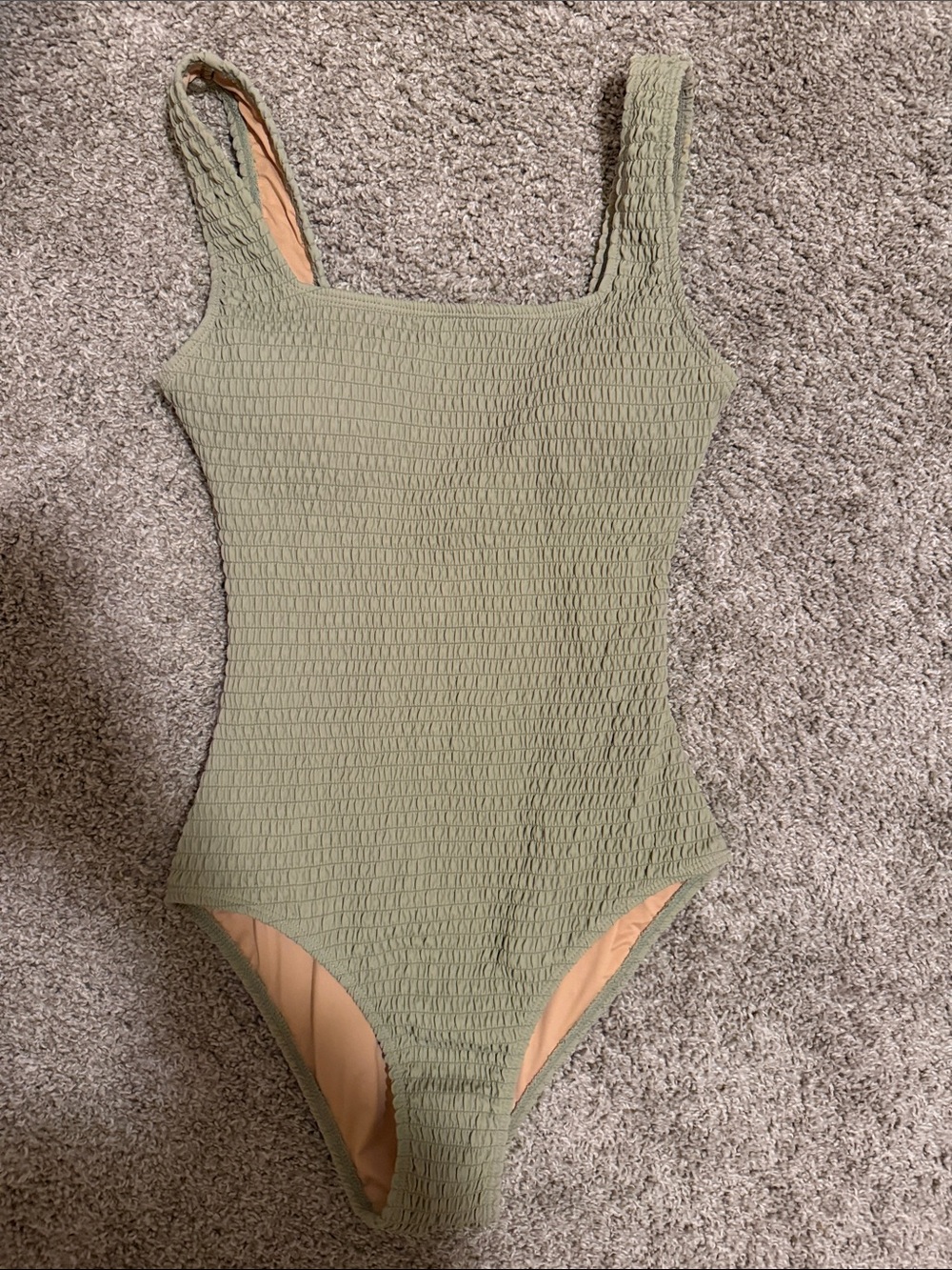 Smocked Olive One-Piece Swimsuit with Square Neck